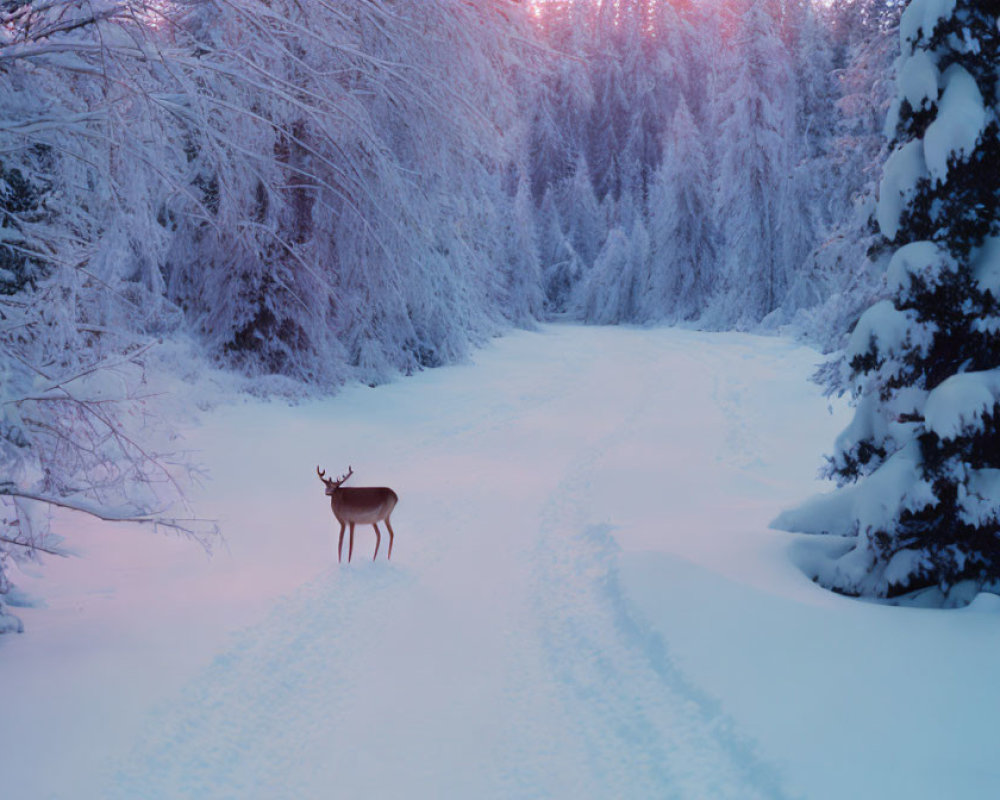 Solitary deer in serene snow-covered forest at twilight