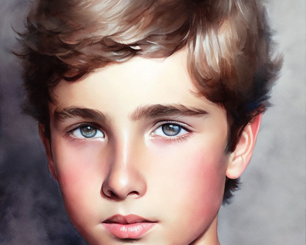 Young boy portrait: curly brown hair, blue eyes, fair skin, blurred background