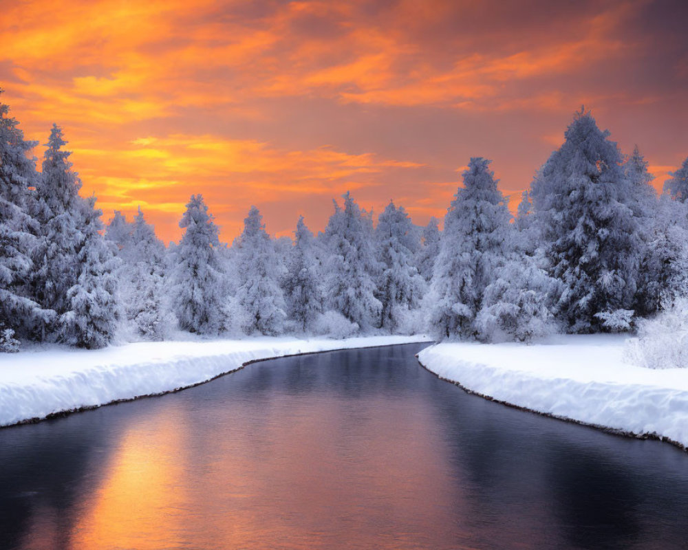 Snow-covered trees and river in serene winter sunset scene