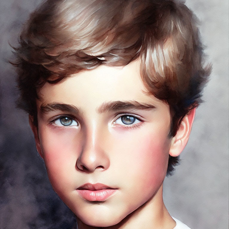 Young boy portrait: curly brown hair, blue eyes, fair skin, blurred background