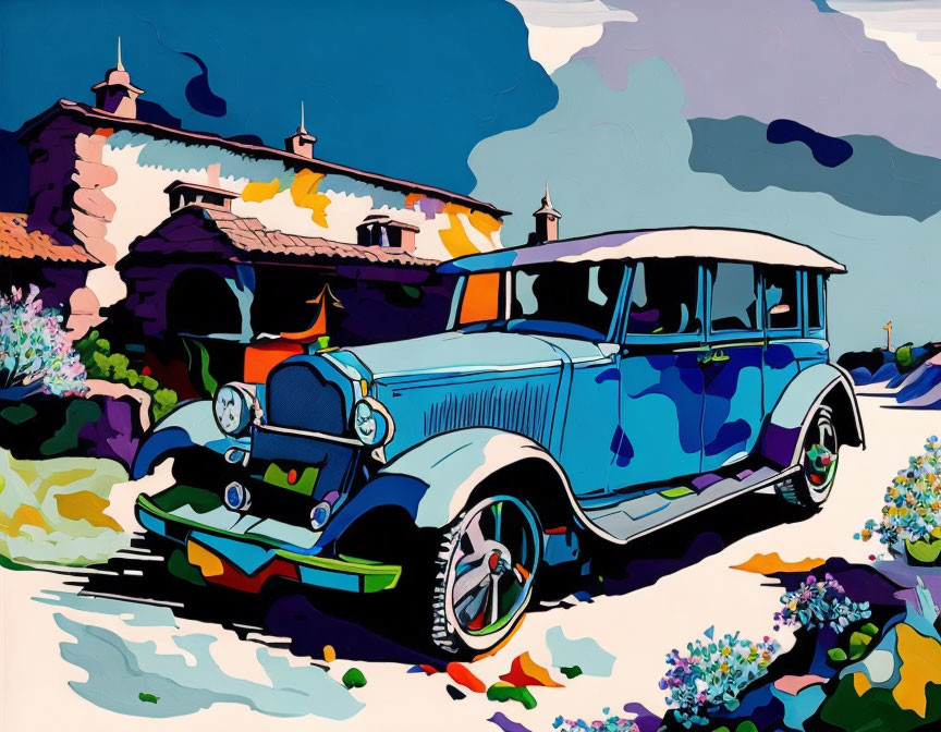 Vibrant illustration of classic blue car and vintage buildings