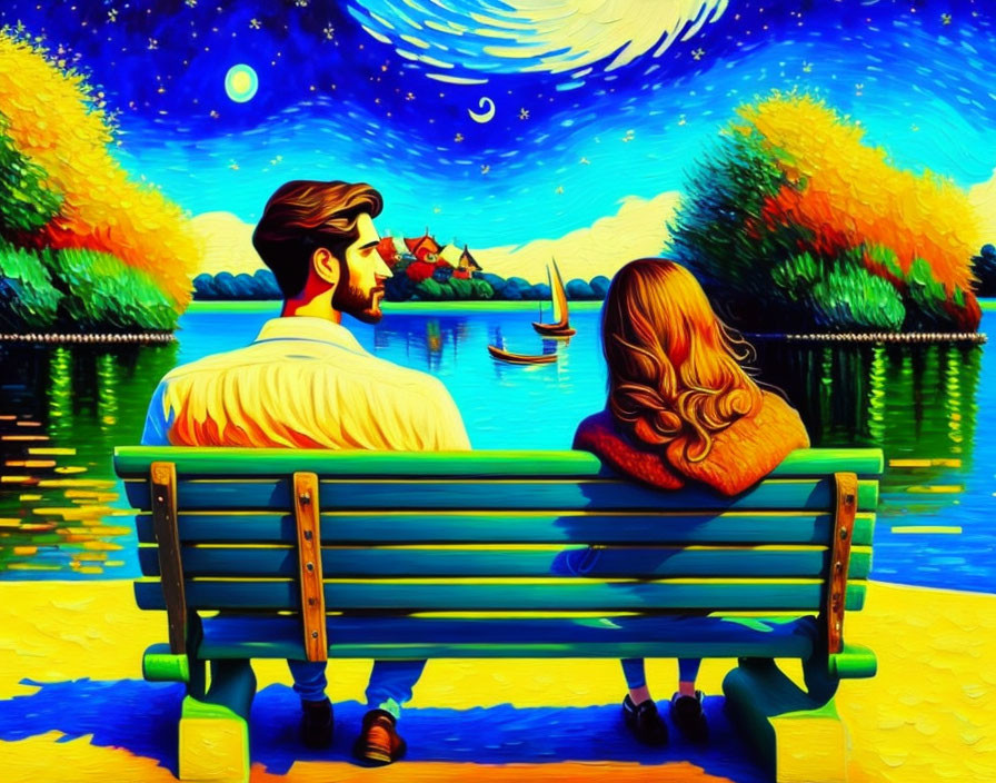 Stylized painting of couple by lake under starry sky