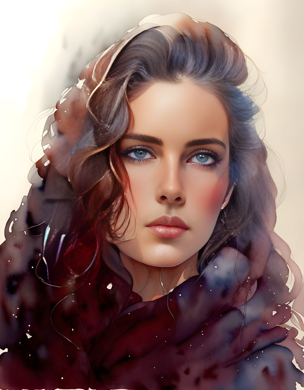 Woman with Blue Eyes and Wavy Hair in Abstract Digital Art