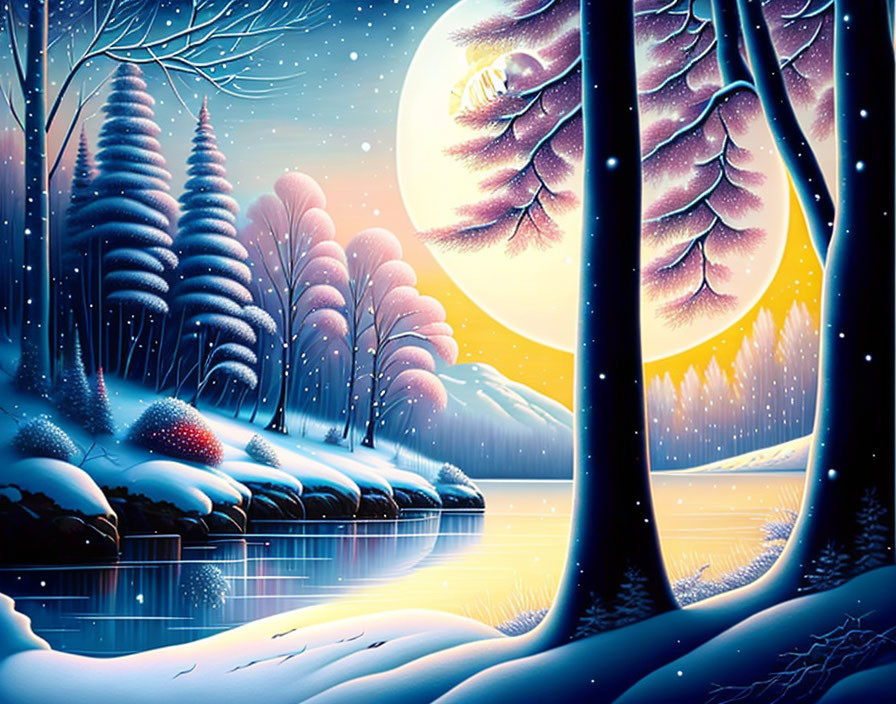 Snowy trees under full moon on tranquil frozen lake