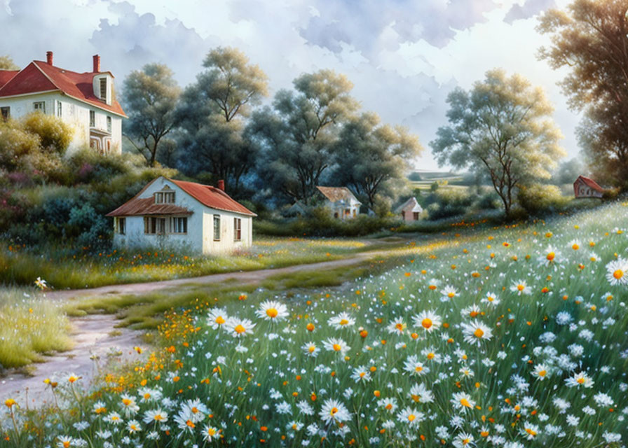 Tranquil countryside landscape with flower-filled path and charming houses