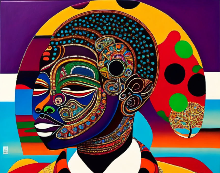 Colorful African mask painting on geometric background