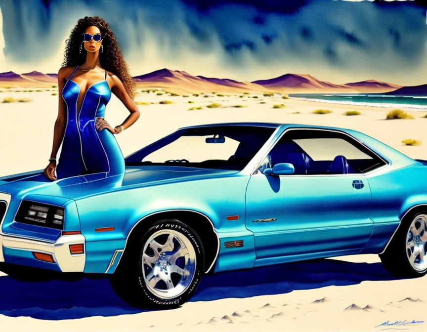 Curly-haired woman in swimsuit by blue classic car in desert