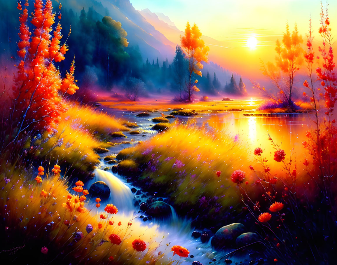 Colorful sunset landscape with river, foliage, flowers & mountains