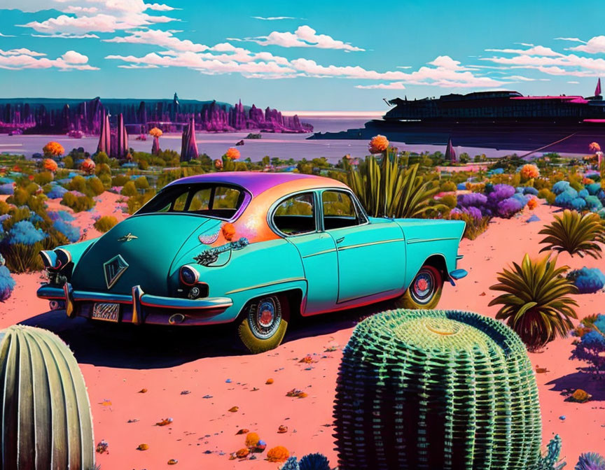 Surreal landscape with classic car, cacti, and airship under pink sky