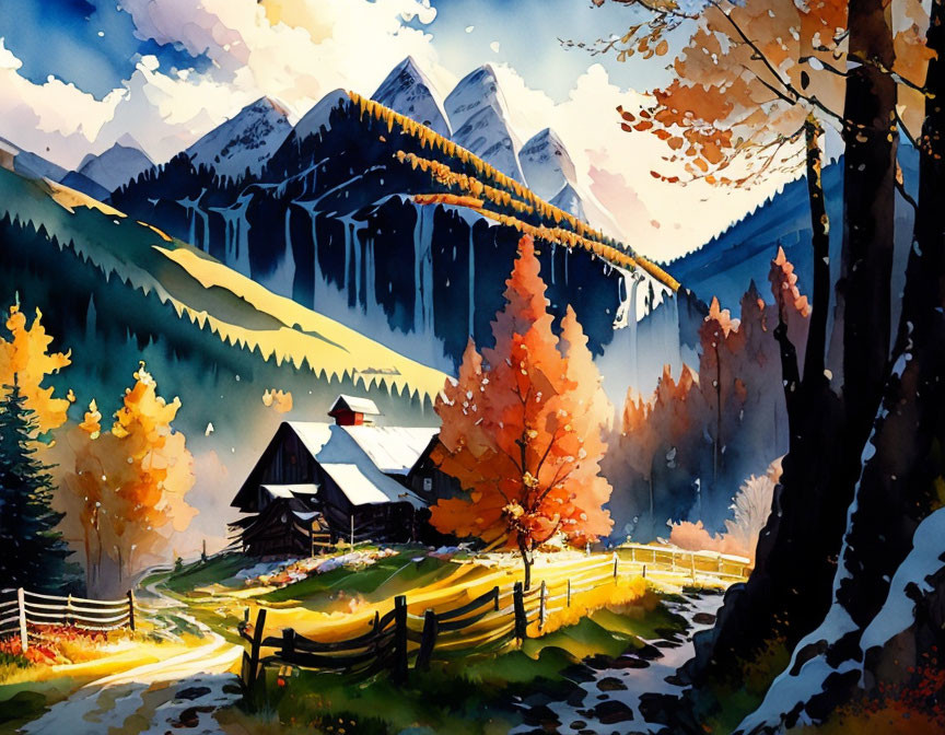 Mountainous Landscape Watercolor with Cabin, Autumn Trees, and Wooden Fence