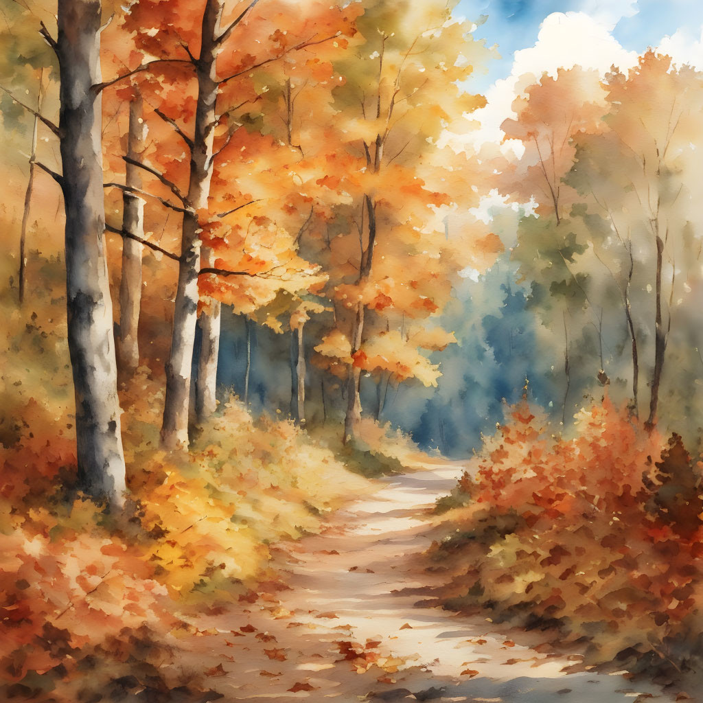 Autumn forest watercolor painting with winding path and vibrant leaves