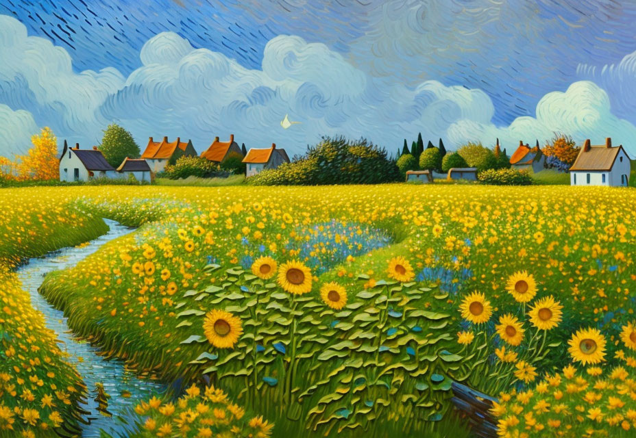 Sunflower field painting with stream, village, and swirling blue sky