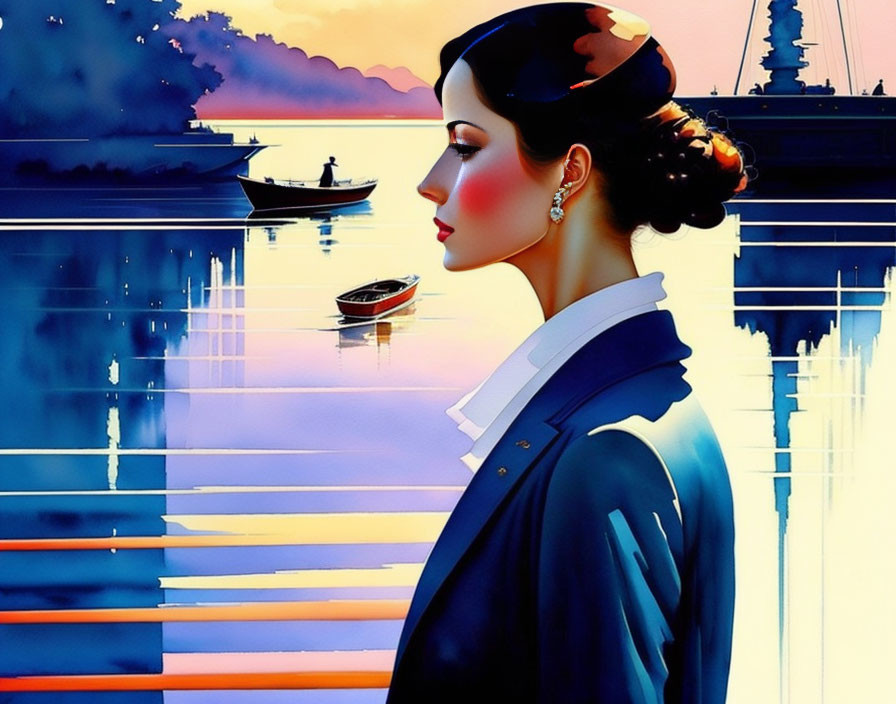 Stylized woman profile with sunset over calm lake and vibrant colors