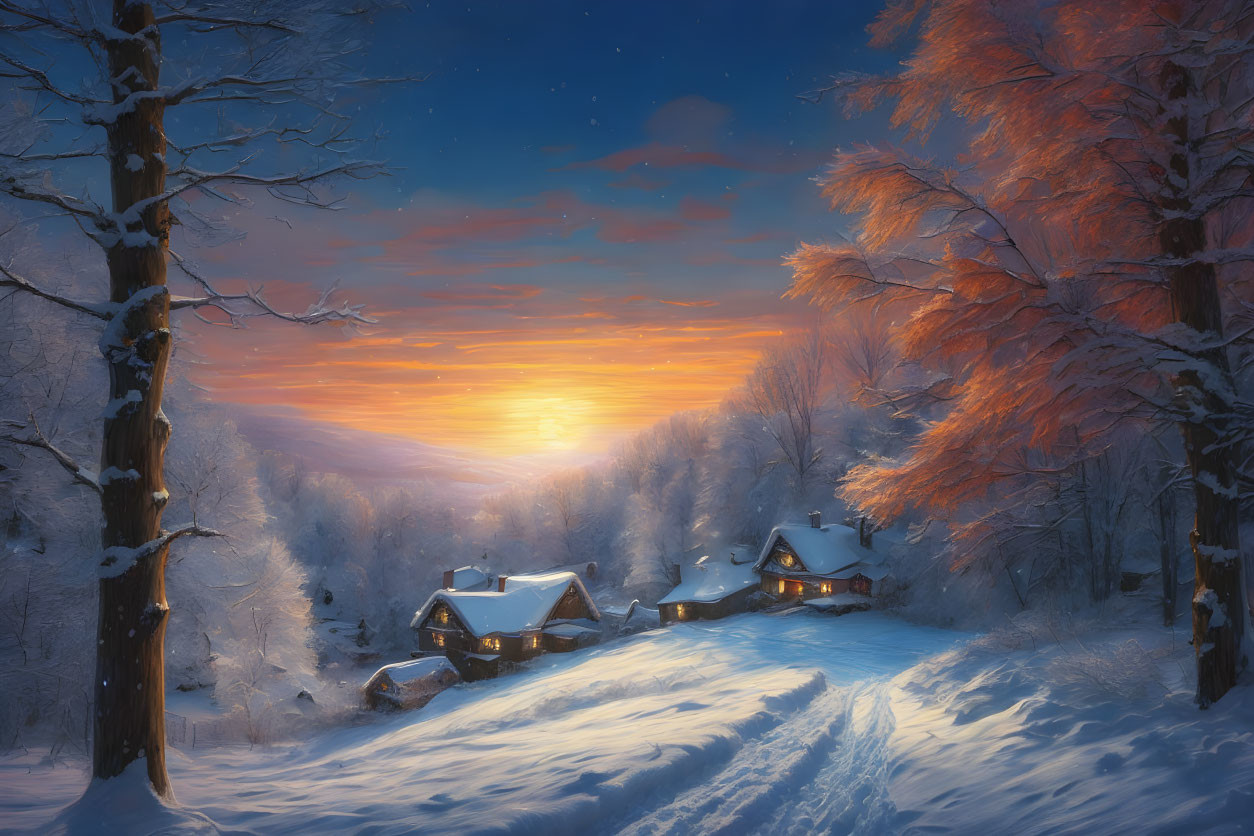 Snow-covered cottages and snowy trees in serene winter dusk scene