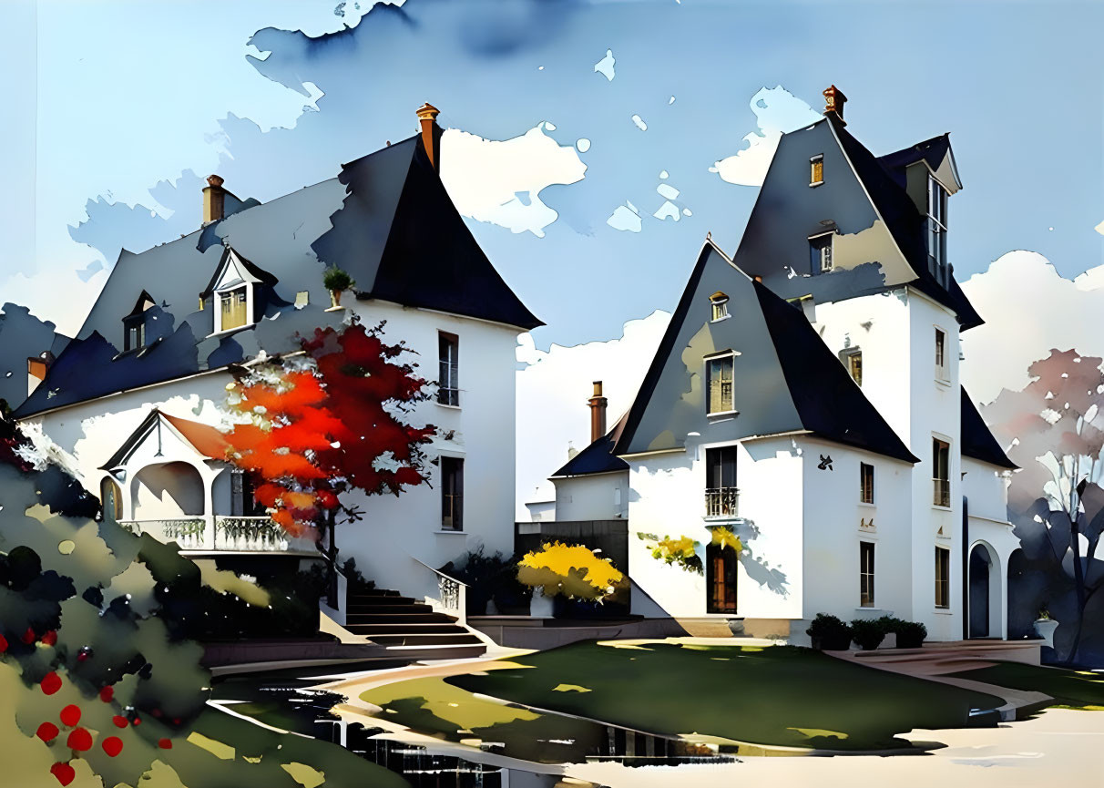 Grand White House with Black Roofs Surrounded by Autumn Foliage, Blue Skies, and