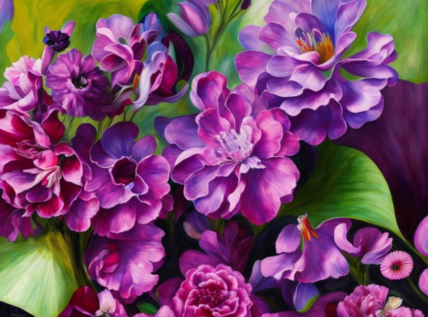 Assorted Purple Flowers Painting with Green Foliage