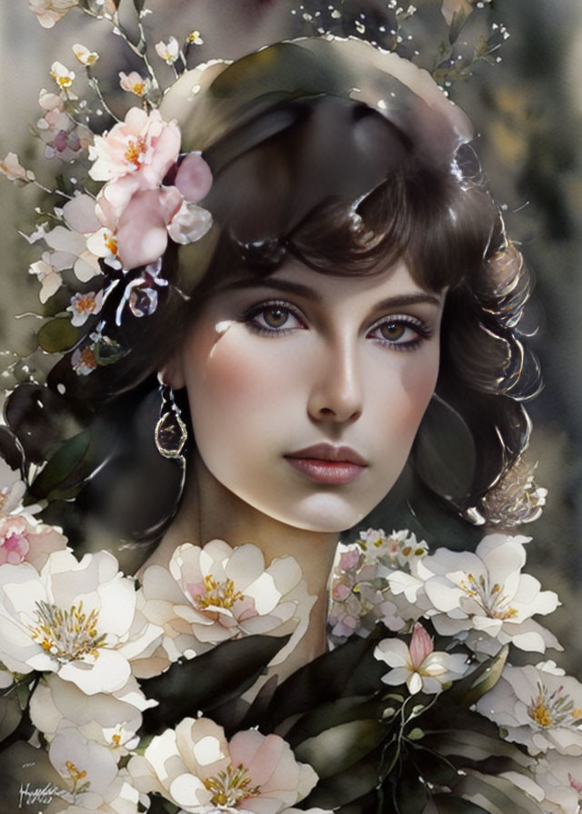 Digital portrait of woman with floral hair embellishments and dreamy gaze