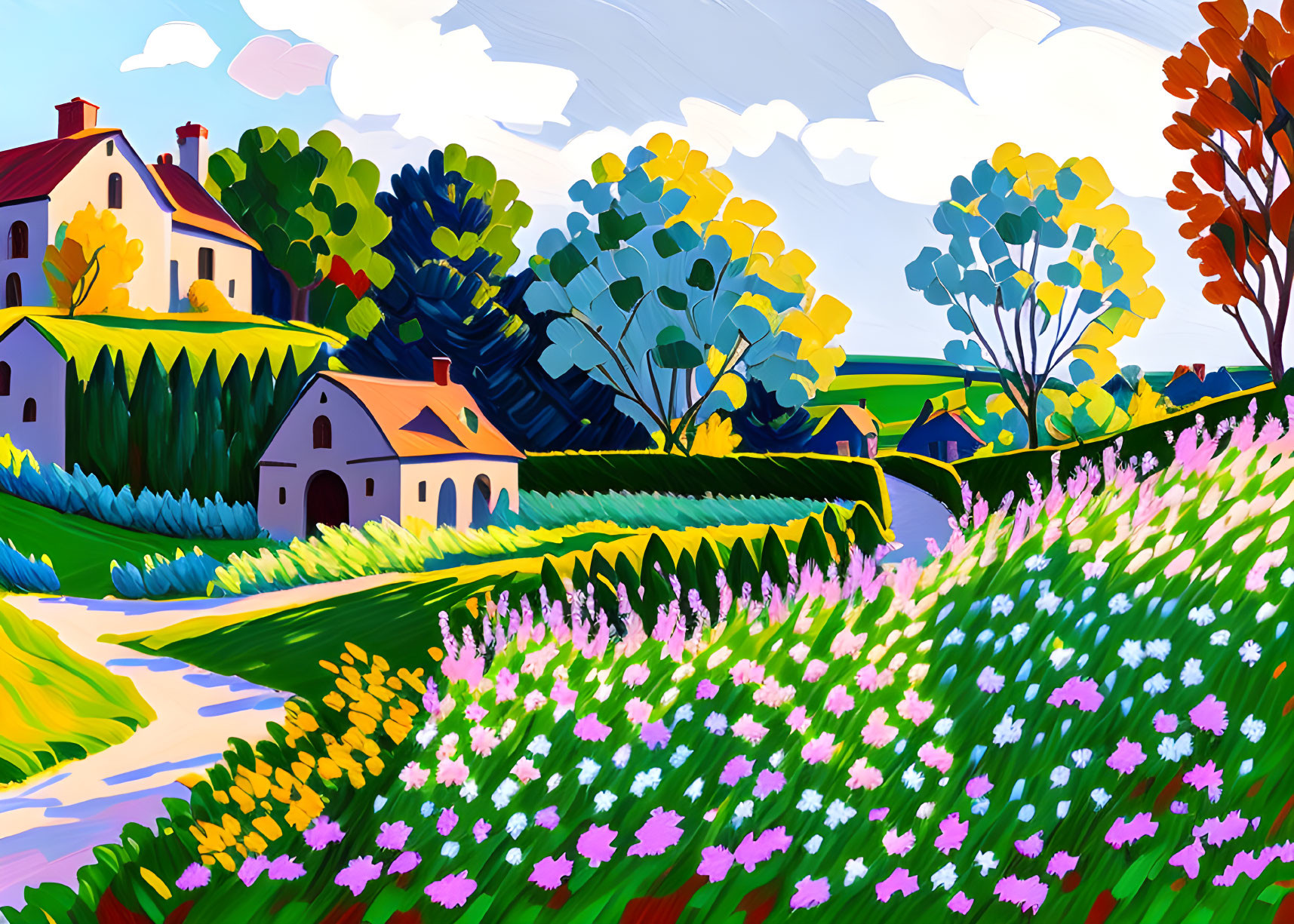 Colorful Stylized Landscape with Trees, Houses, Lavender, and Path