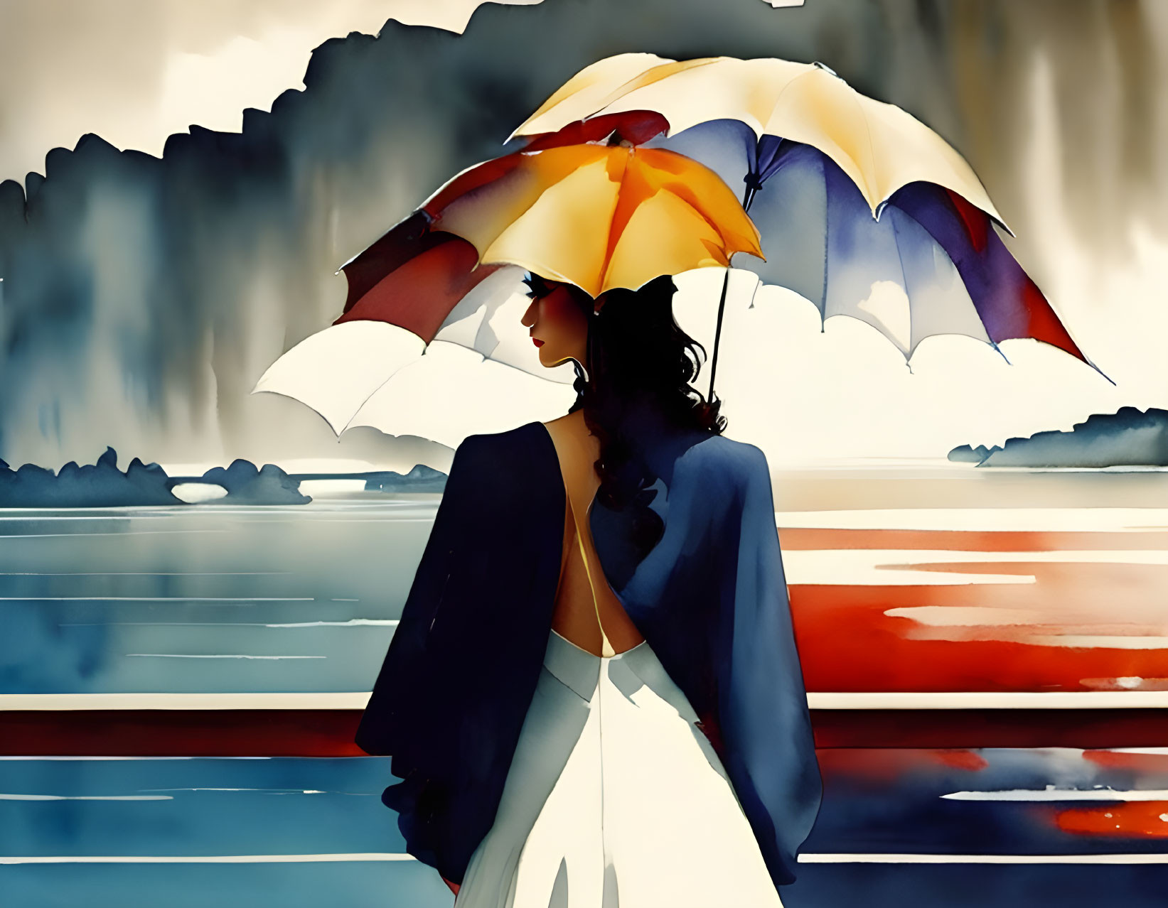 Stylized painting of woman with colorful umbrella by water and dramatic sky