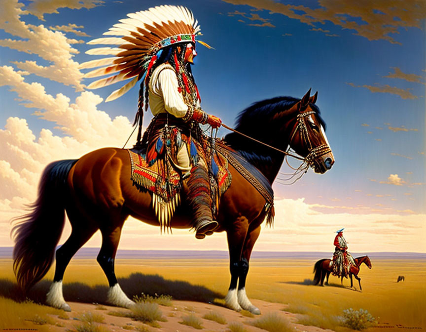 Native American person on horseback under cloudy sky