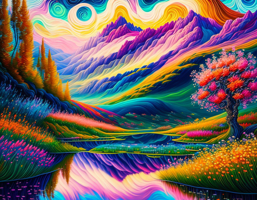 Colorful surreal landscape with swirling skies and flowering tree