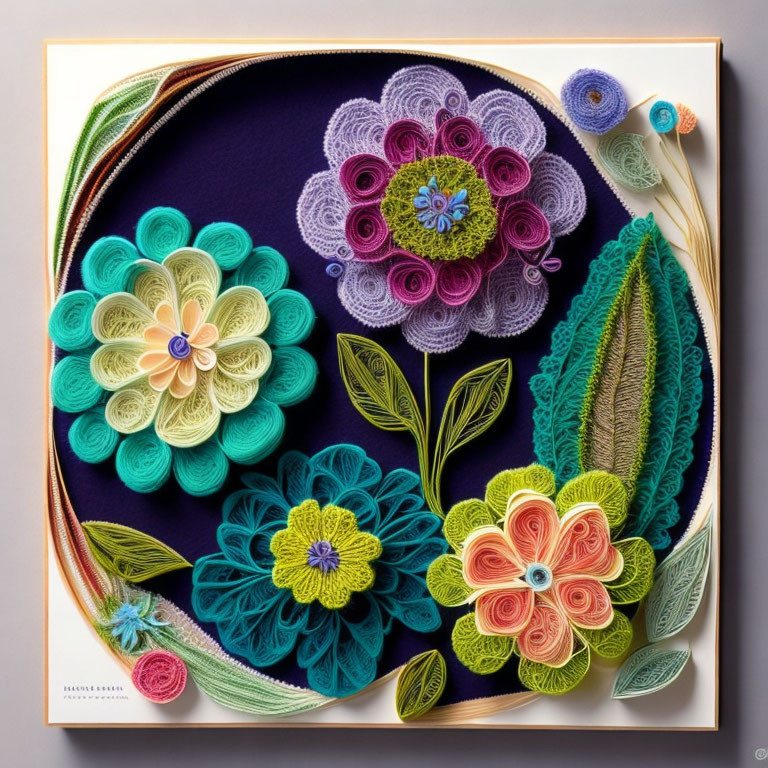 Colorful Quilled Paper Art with Flowers and Leaves in Square Frame