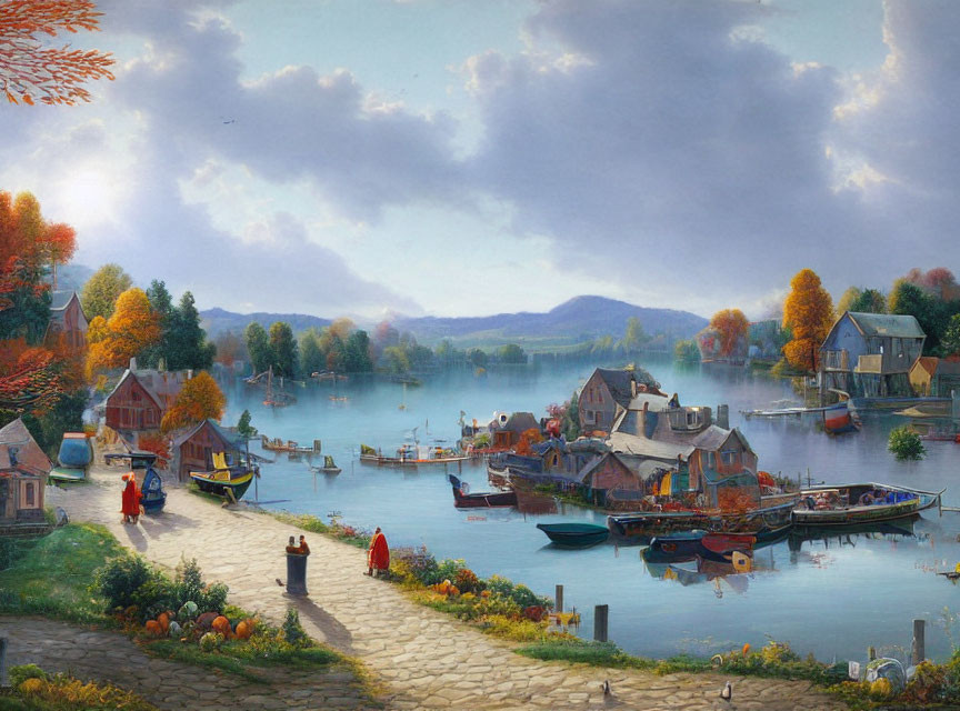 Scenic lakeside village with colorful houses, boats, and autumnal trees