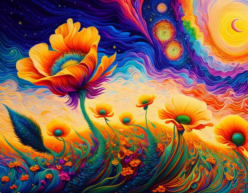 Colorful Psychedelic Artwork with Stylized Poppy Flowers