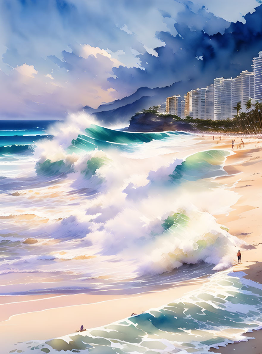 Colorful Beach Scene with Waves, Person Walking, Buildings, and Mountains