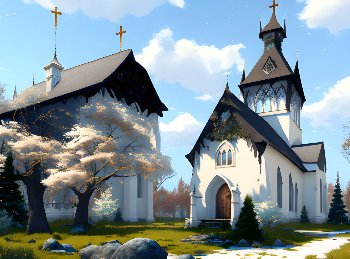 Digital artwork featuring two churches with spires and crosses in a serene natural setting