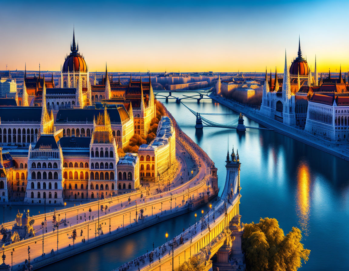 Panoramic view of Budapest at dusk with Parliament Building and Danube River