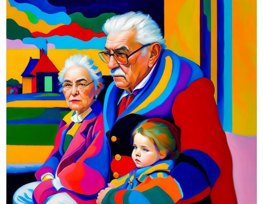 Colorful painting: Elderly couple & child in striped attire on vibrant abstract background