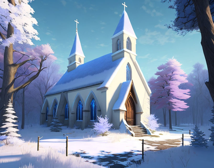 Snowy landscape with twin-spired church