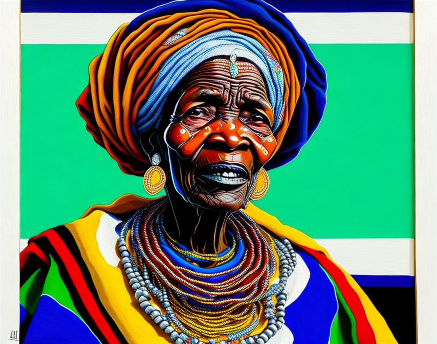 Vibrant digital portrait of elderly woman in African attire