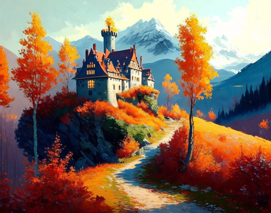 Autumn castle painting with mountain backdrop and winding path