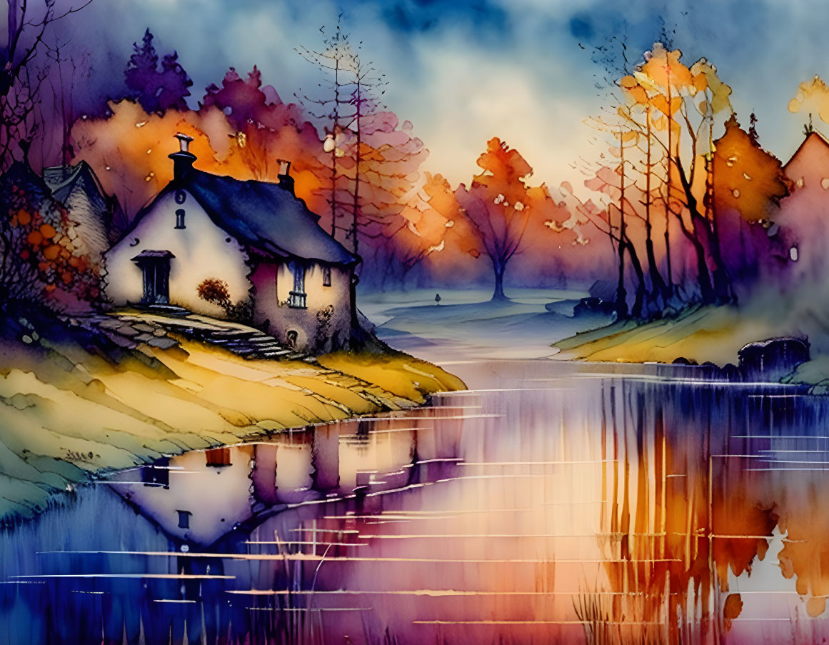 Vibrant watercolor painting: serene village by reflective lake at dusk.