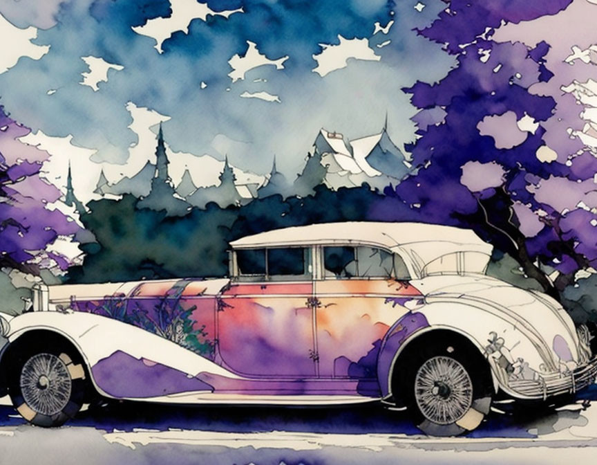 Vintage Car Watercolor Painting: White & Purple Palette with Forest Backdrop