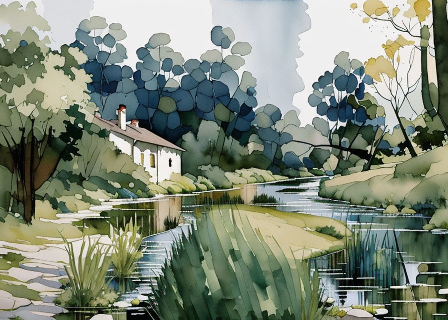 Tranquil watercolor scene of white cottage by gentle stream