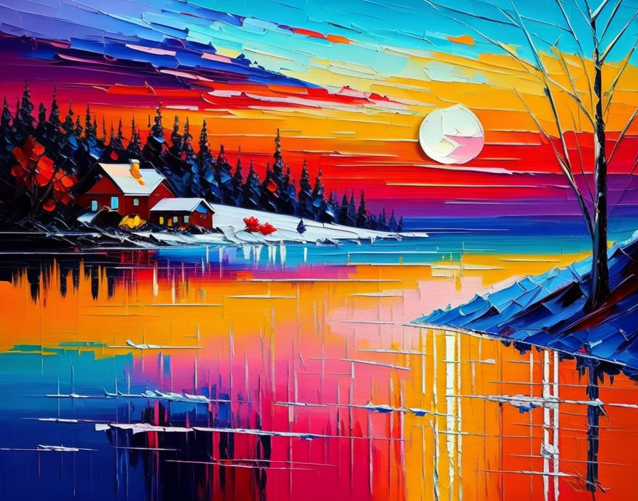 Colorful lakeside house painting at sunset with moon and reflective water