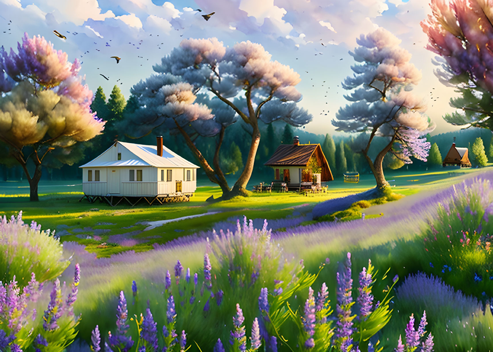 White house, cabin, lavender fields, trees, birds in serene rural landscape