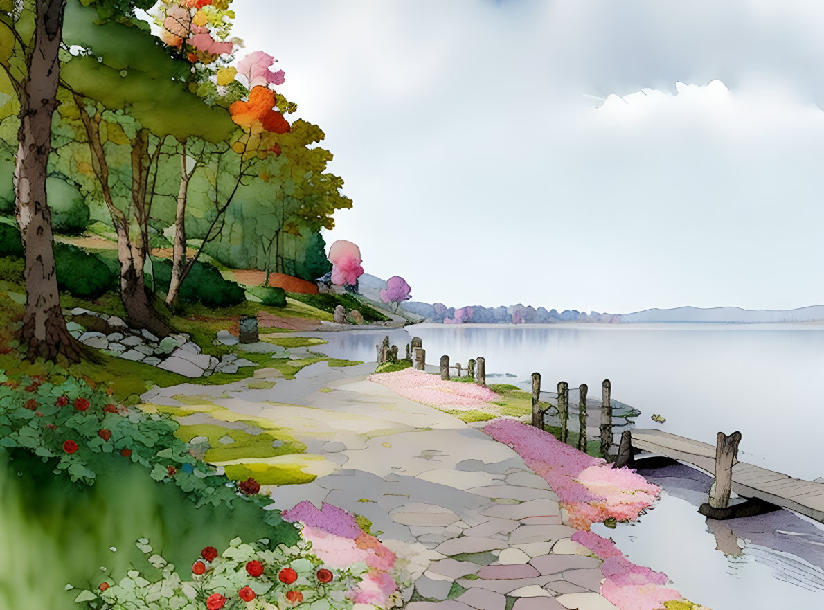 Colorful lakeside scene with blossoming trees and distant mountains in watercolor style