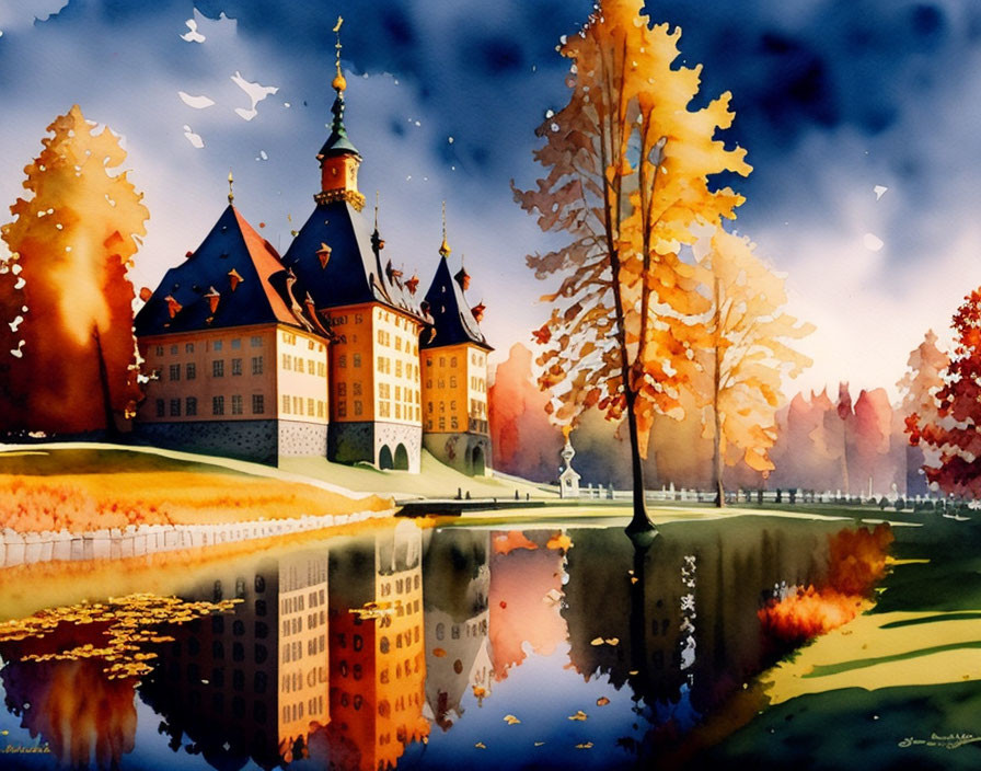 Classic Castle Watercolor Painting with Autumn Trees and Lake Reflections