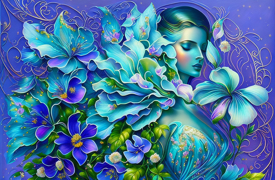 Colorful Woman Illustration with Blue Flowers and Leaves on Blue Background