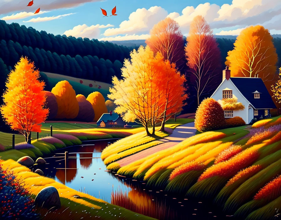 Vibrant autumn landscape with orange and yellow trees, cottage, river, and hills