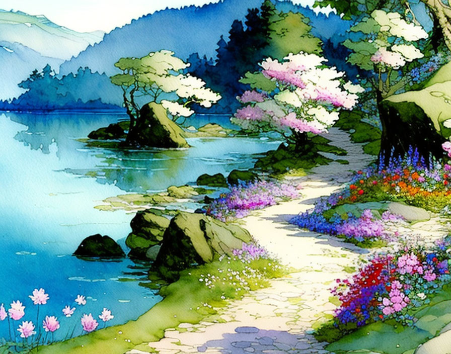 Tranquil watercolor scene: Serene lake, winding path, blooming flowers, trees,