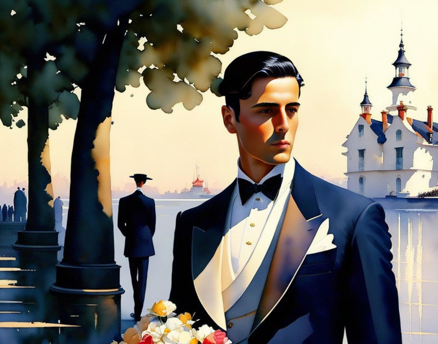 Elegantly dressed man in tuxedo holding flowers with vintage buildings and figure.