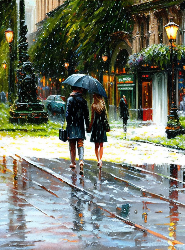 Couple Walking Under Umbrella in Rainy City Street