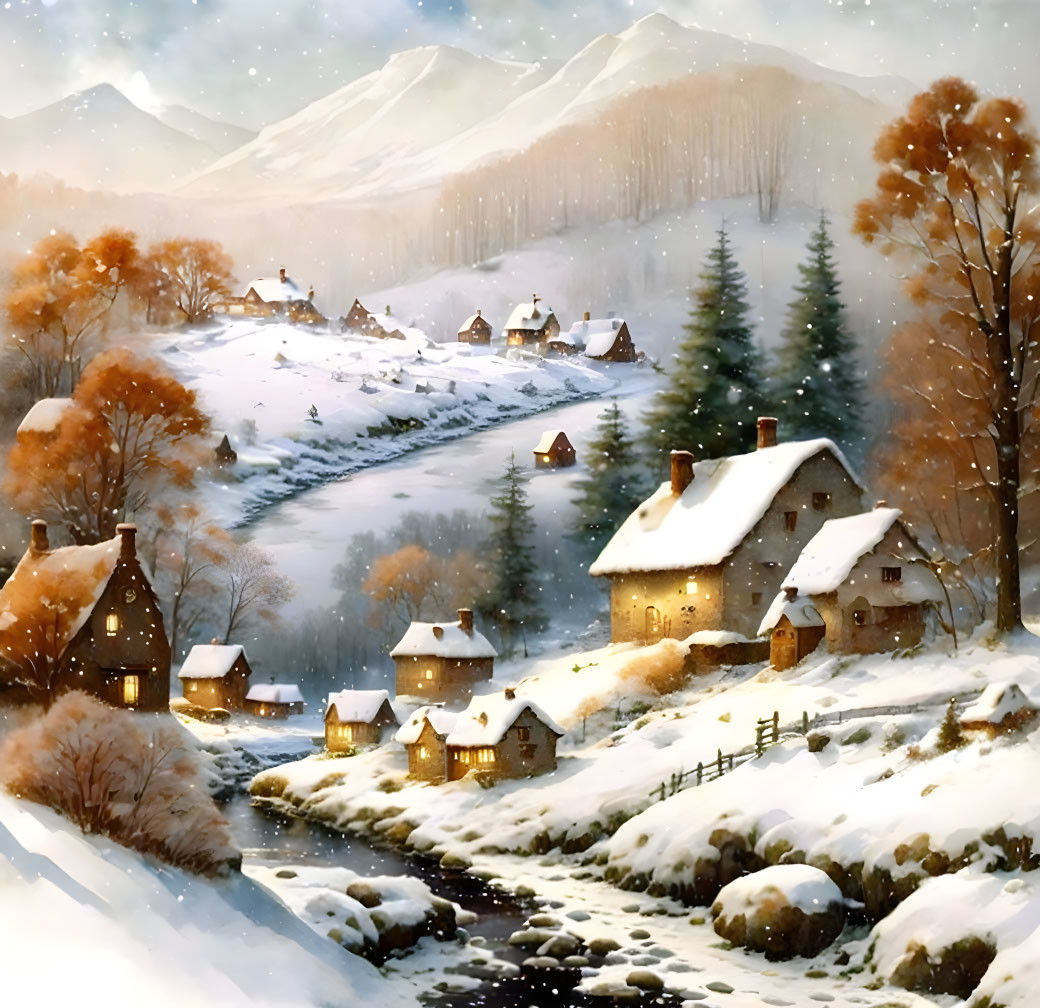 Winter village scene with snow, cottages, stream, and golden trees.