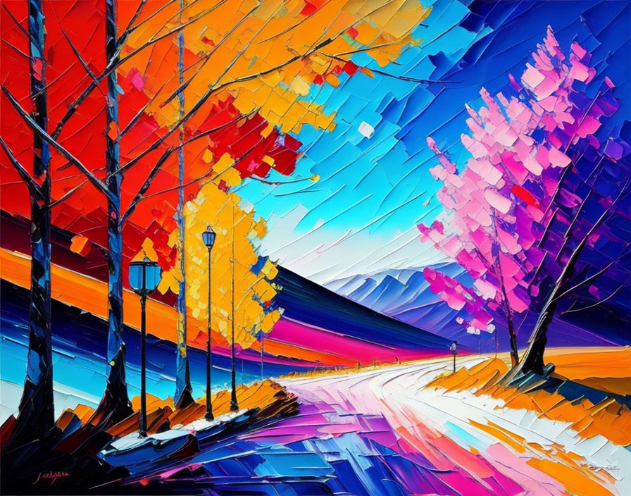 Colorful autumnal painting with tree-lined pathway and distant mountains.