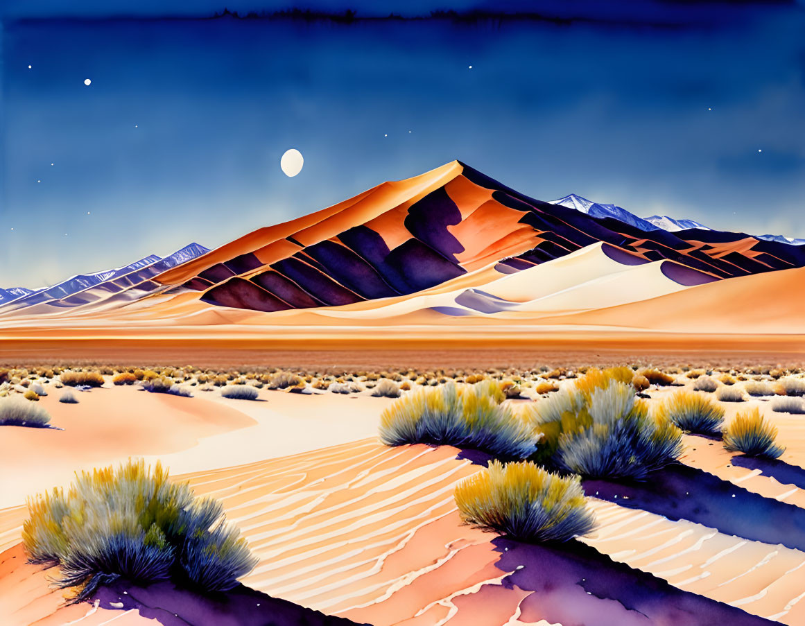 Twilight desert landscape with sand dunes, vegetation, mountains, starry sky.